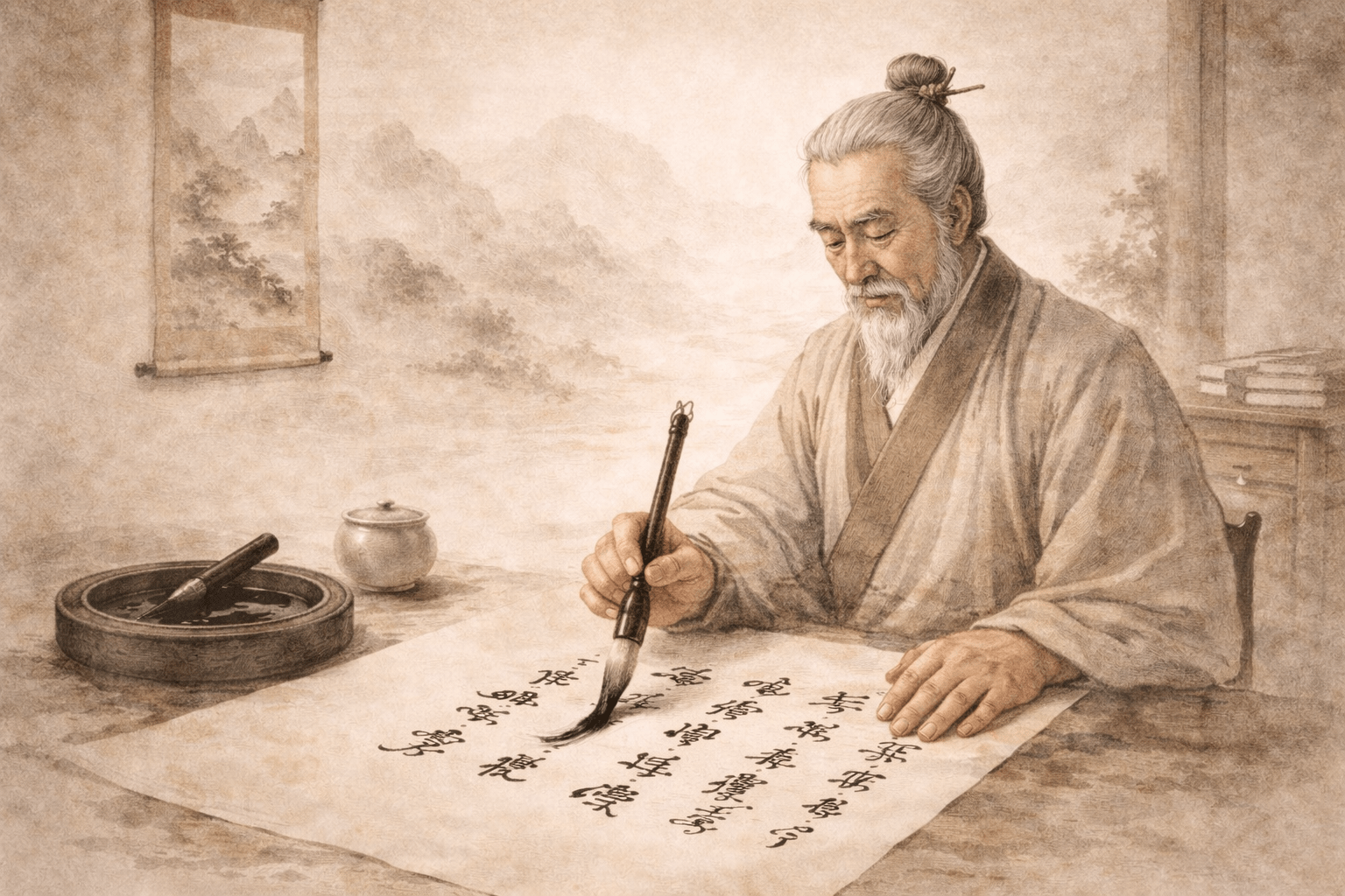 Ink portrait of calligrapher