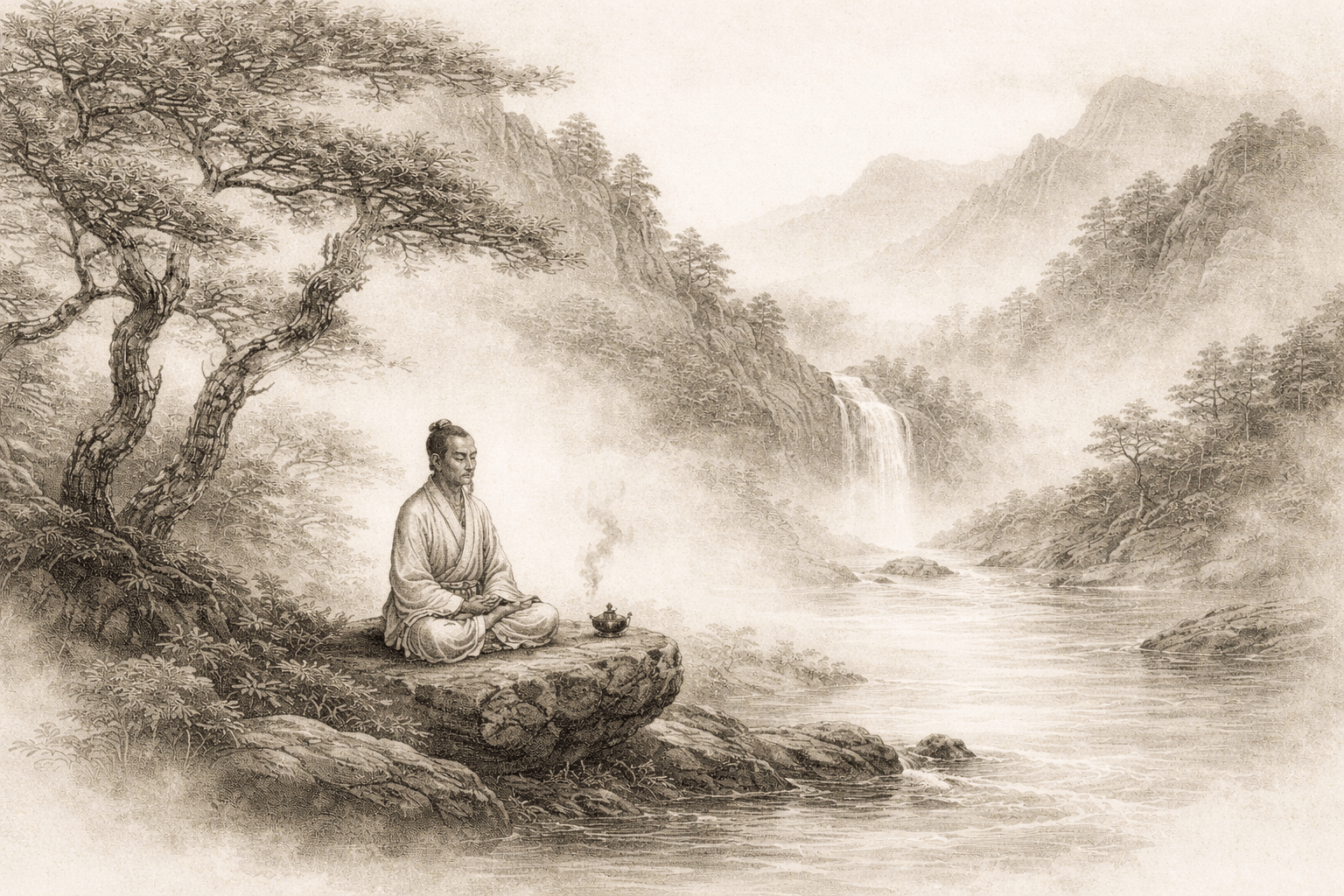 Daoist meditation in traditional Chinese ink painting