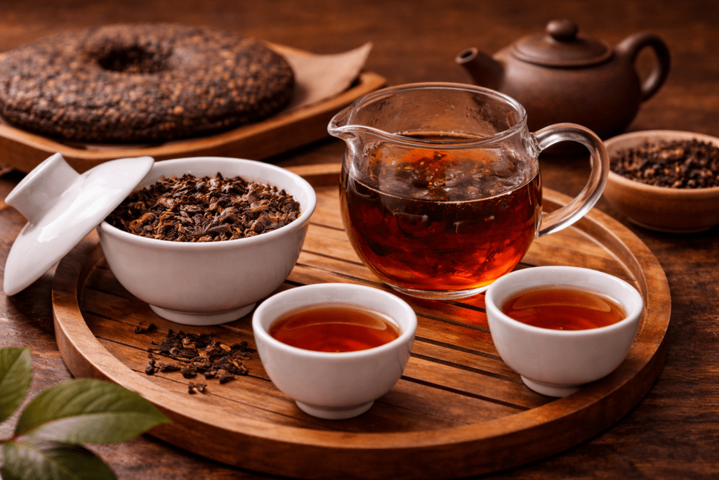 dark red pu-erh tea liquor in porcelain cup