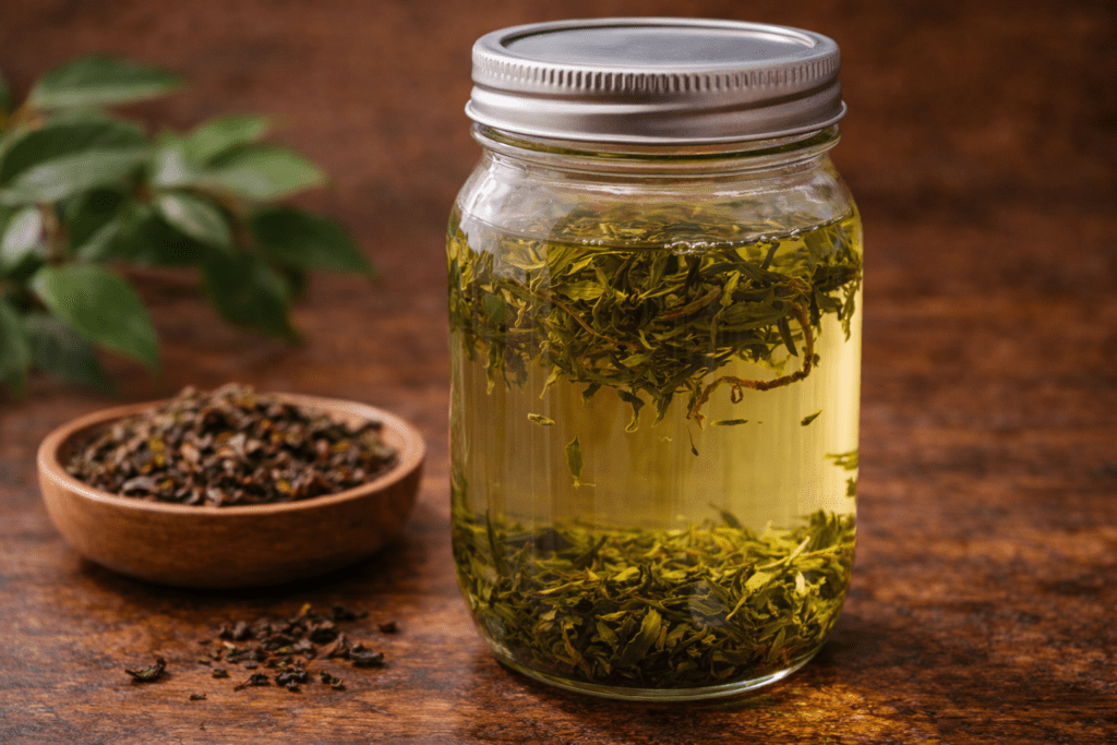 glass jar of cold brew green tea with loose tea leaves in cold water