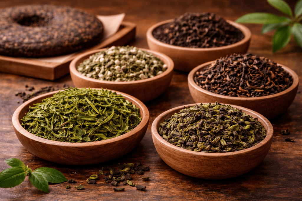 various tea leaves suitable for cold brewing including green tea and oolong