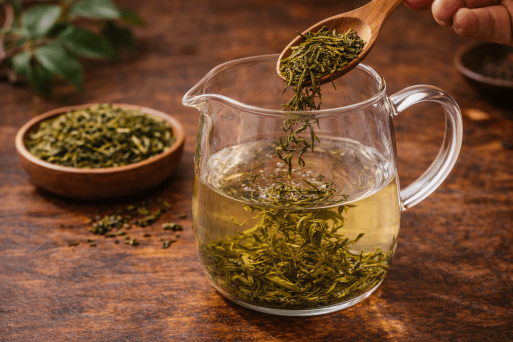 adding loose leaf tea into a glass pitcher for cold brew tea preparation