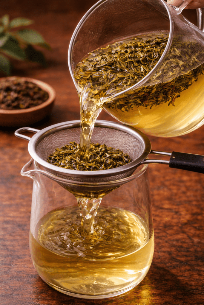 straining cold brew tea leaves from a glass container
