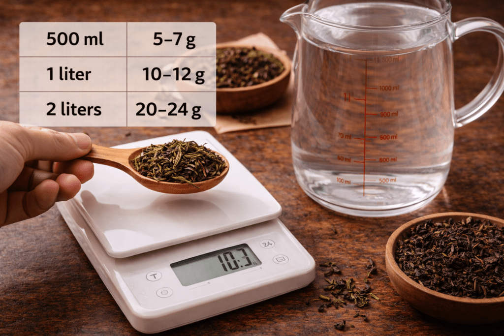 measuring loose tea leaves and water ratio for cold brewing tea
