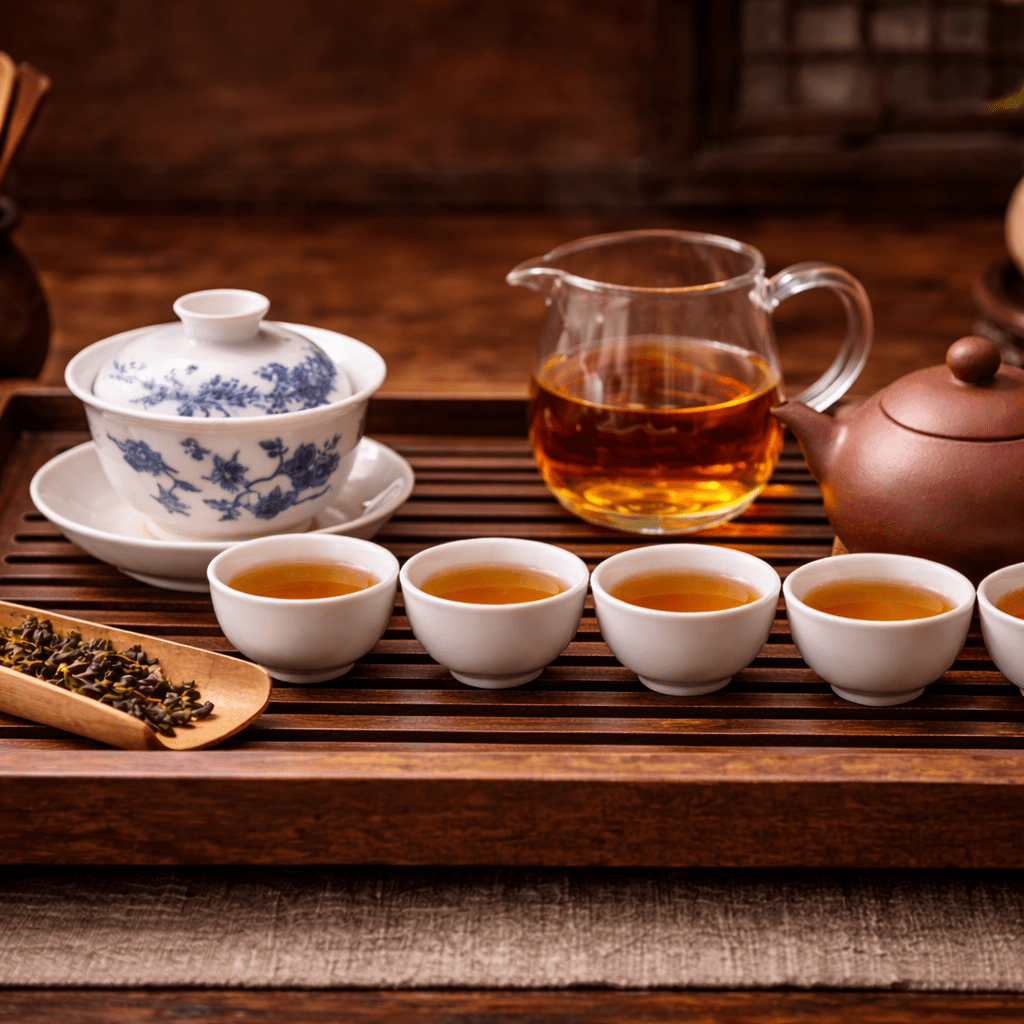 traditional chinese gongfu tea setup with gaiwan and small tea cups