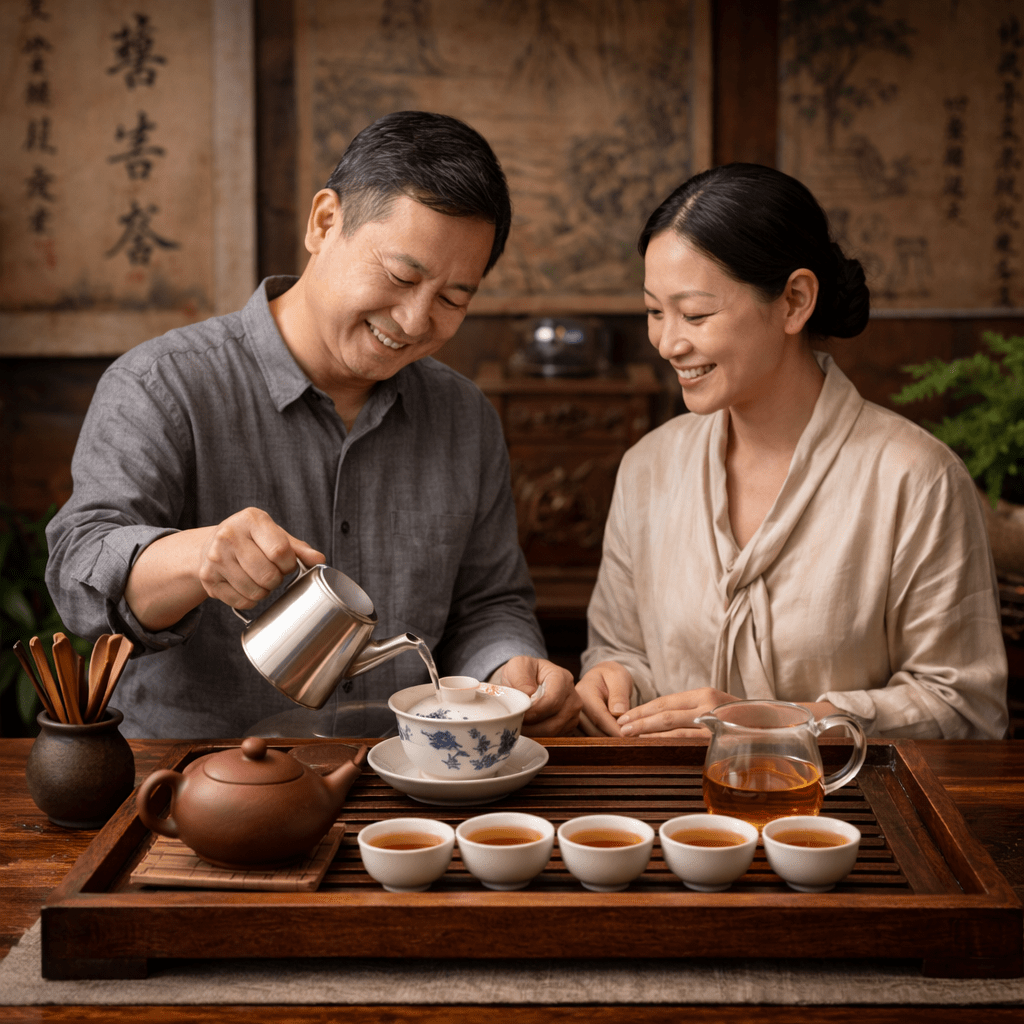 traditional chinese tea ceremony scene demonstrating gongfu tea culture