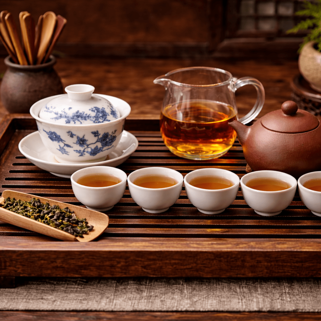 gongfu tea tools including gaiwan fairness pitcher and tea cups