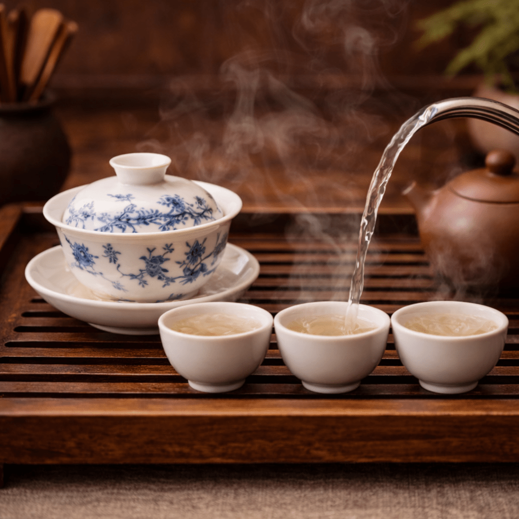 warming gaiwan and tea cups before gongfu tea brewing