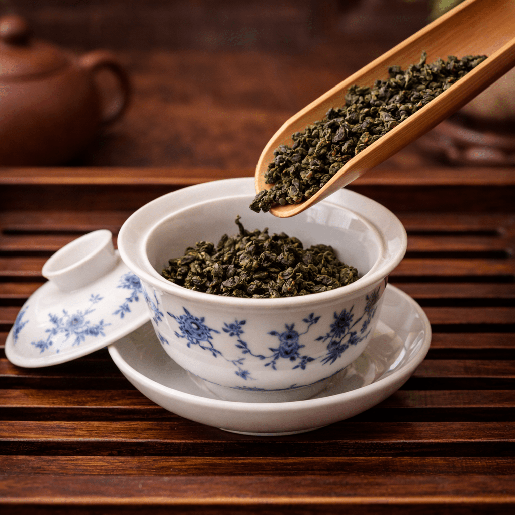 oolong tea leaves placed into gaiwan for gongfu brewing