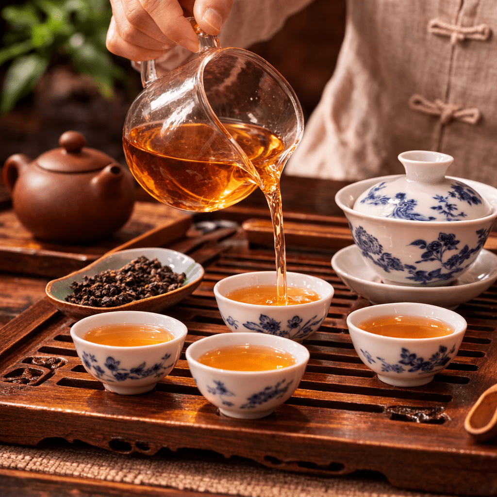 pouring tea into small cups during gongfu tea ceremony