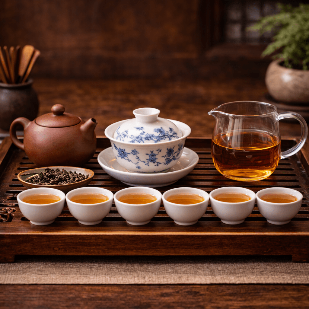 complete gongfu tea brewing setup with yixing teapot and gaiwan