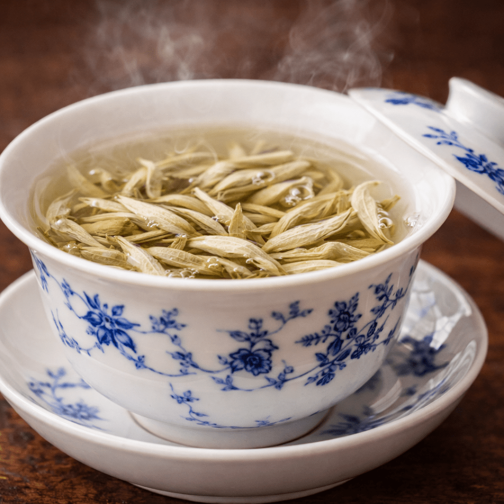 white tea buds brewing gently in porcelain gaiwan
