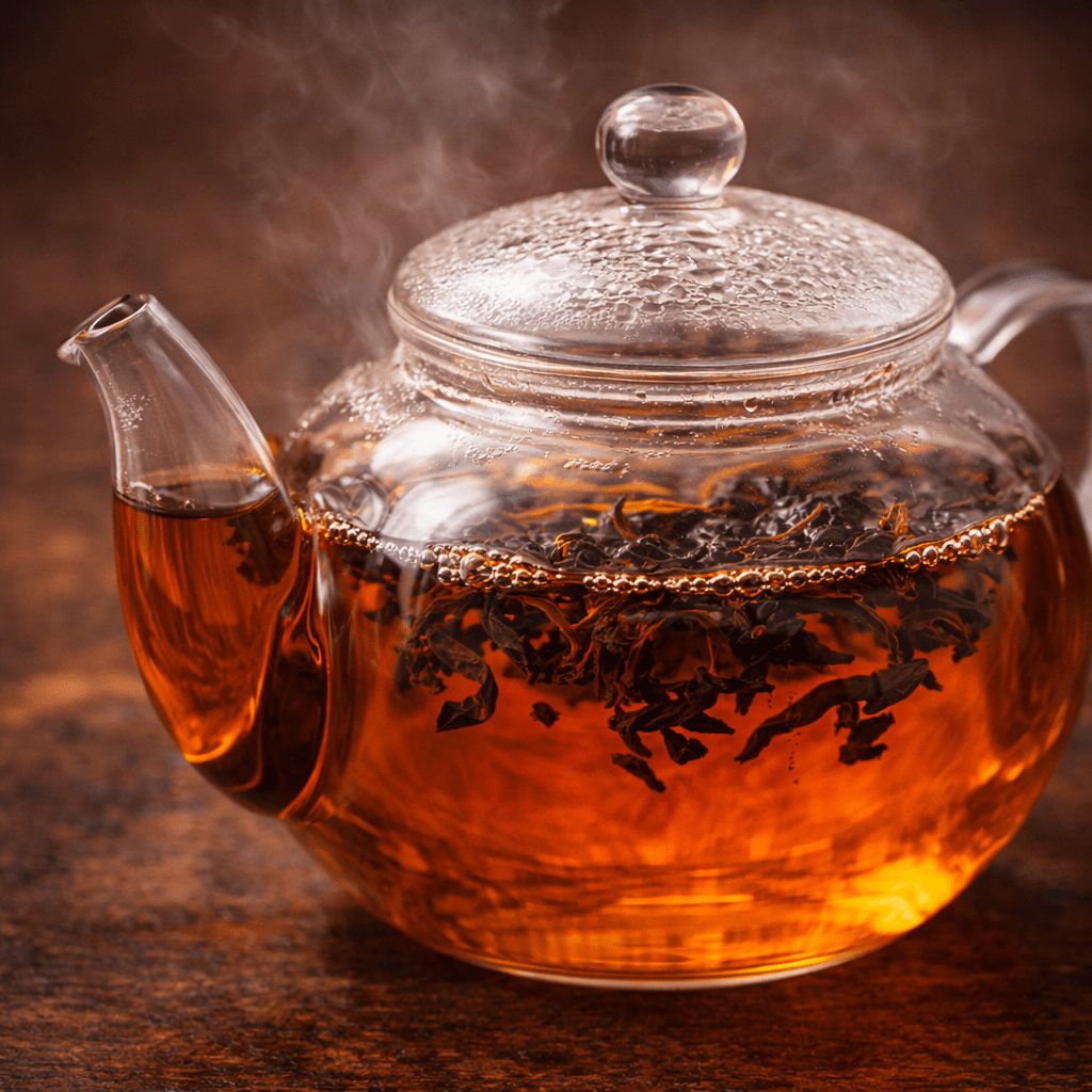 black tea steeping in teapot producing amber colored tea