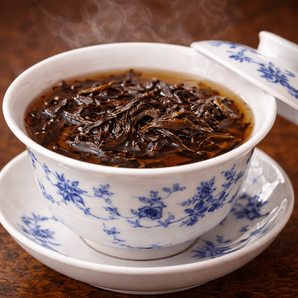 pu erh tea leaves brewing in traditional gaiwan