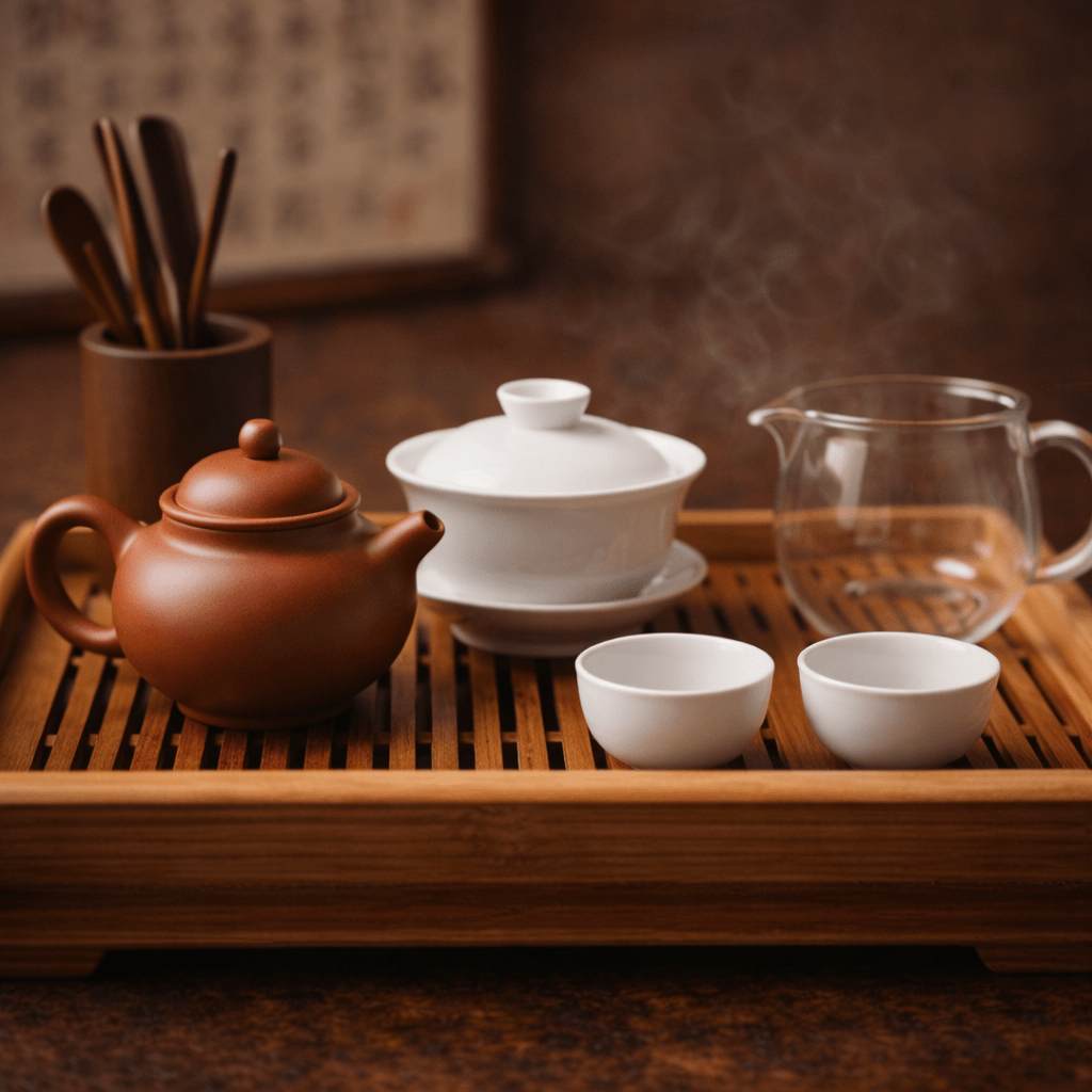 traditional chinese tea set arranged on wooden tea table