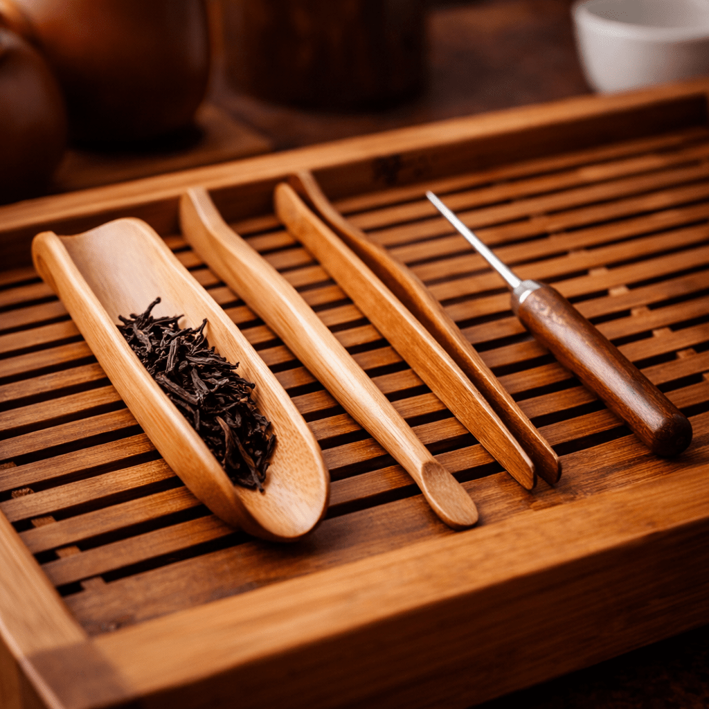 chinese tea tools including tea scoop and tea needle