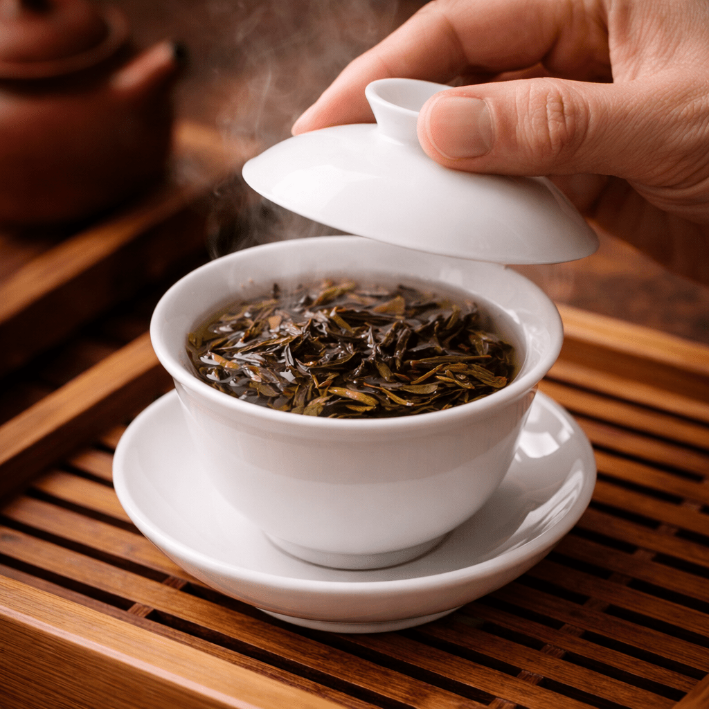 smelling tea aroma from gaiwan lid during brewing