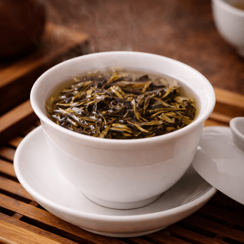 loose tea leaves expanding inside porcelain gaiwan