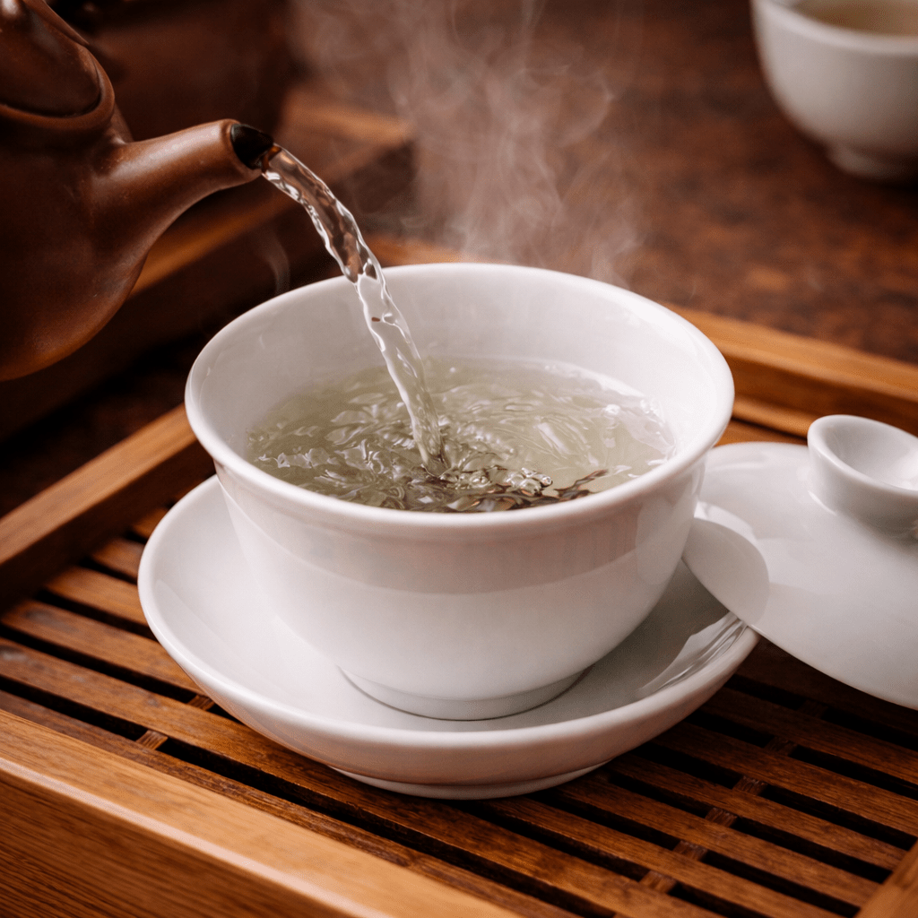 warming gaiwan with hot water before brewing tea