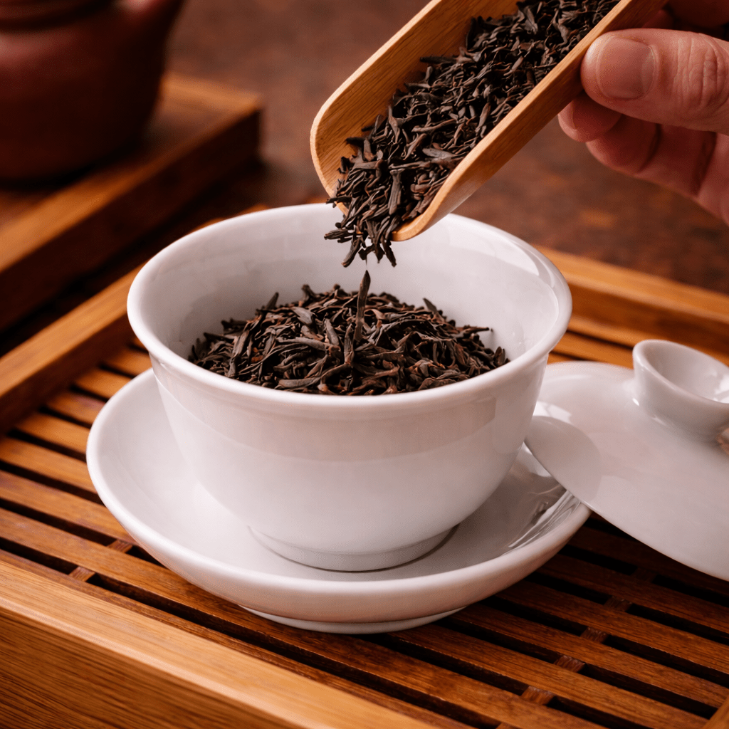 adding loose leaf tea into porcelain gaiwan