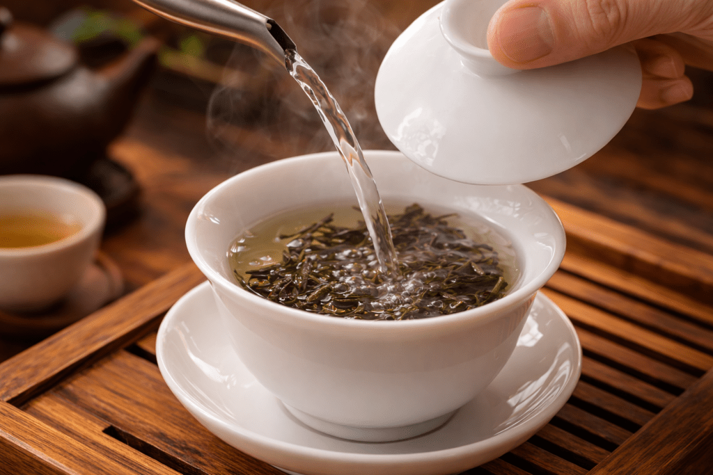 pouring hot water into gaiwan for tea brewing