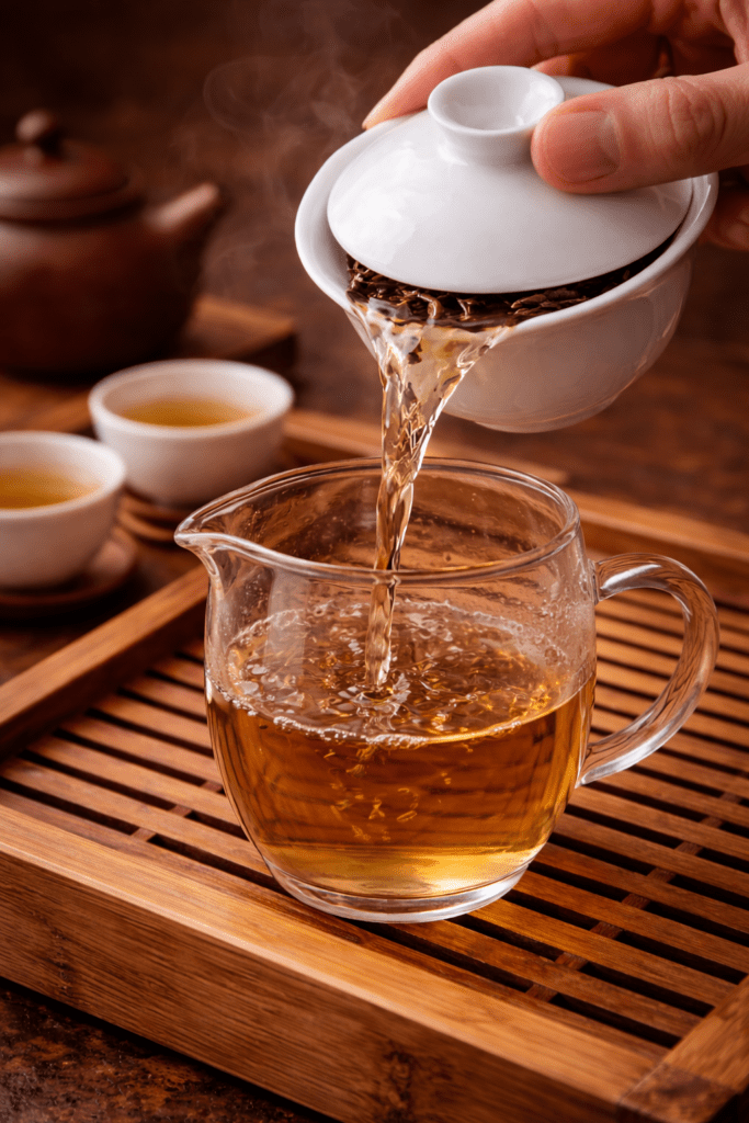 pouring tea from gaiwan into fairness pitcher