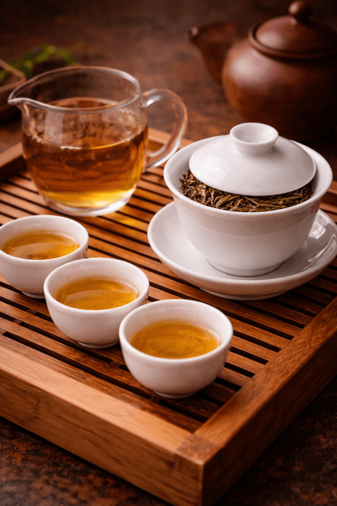 gongfu tea brewing using gaiwan and small cups