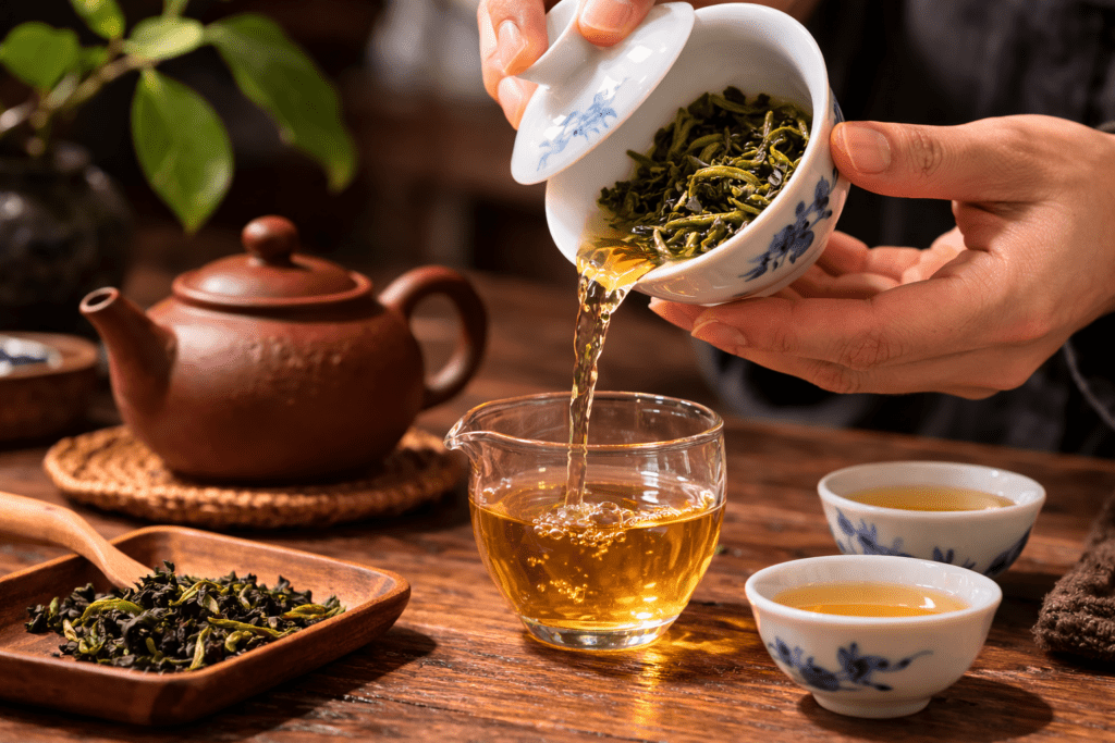green tea brewing inside porcelain gaiwan
