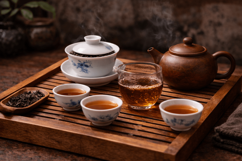 gongfu tea setup using gaiwan and teapot