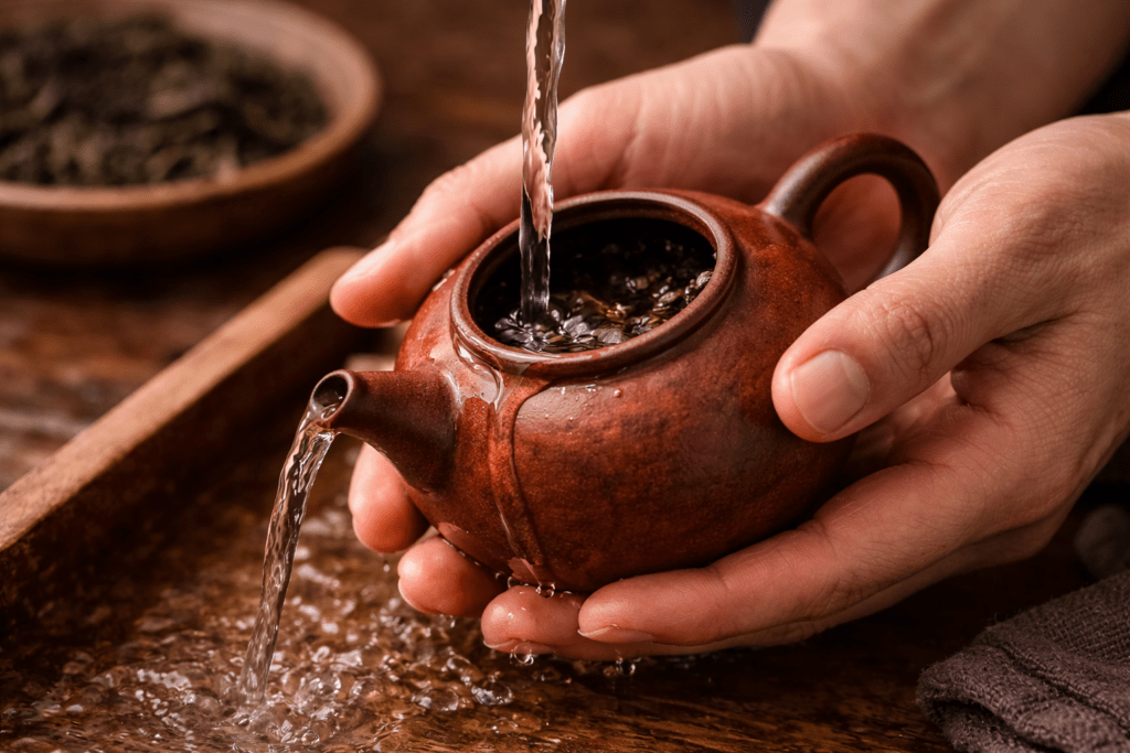 rinsing a small yixing clay teapot with hot water before brewing tea