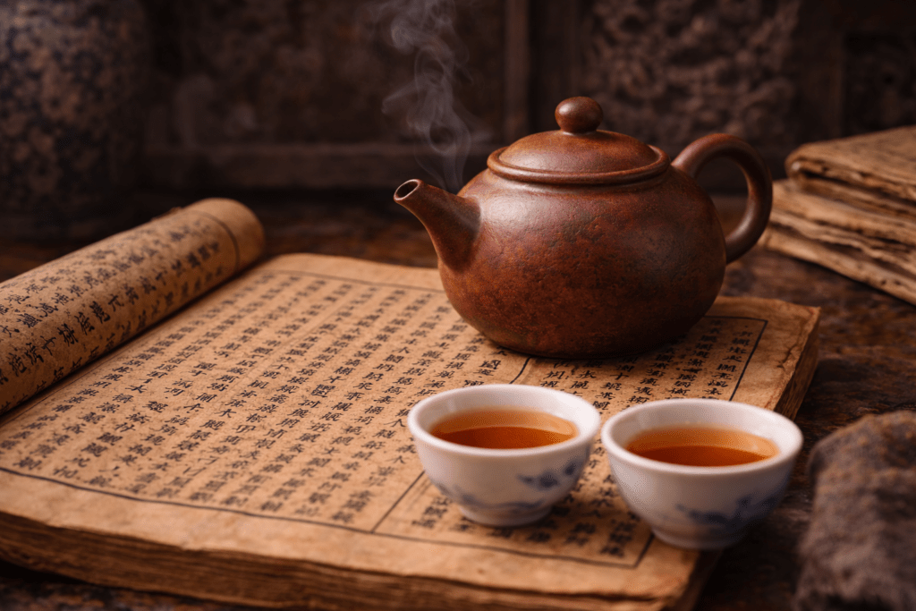 aged yixing clay teapot with chinese tea cups on traditional tea table