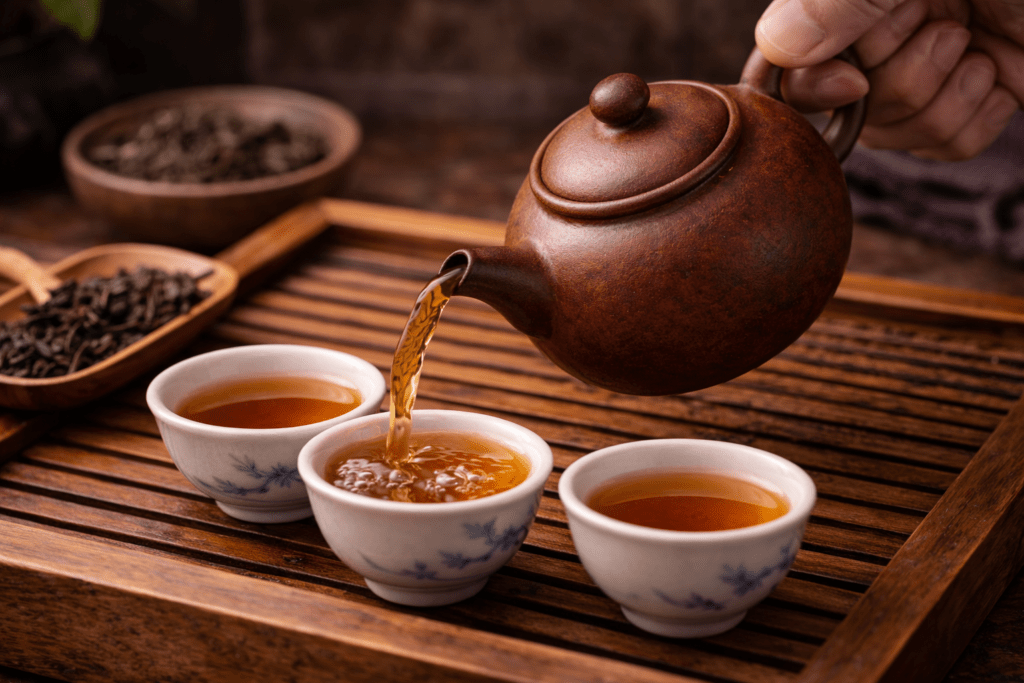 pouring tea from a yixing clay teapot into small chinese tea cups