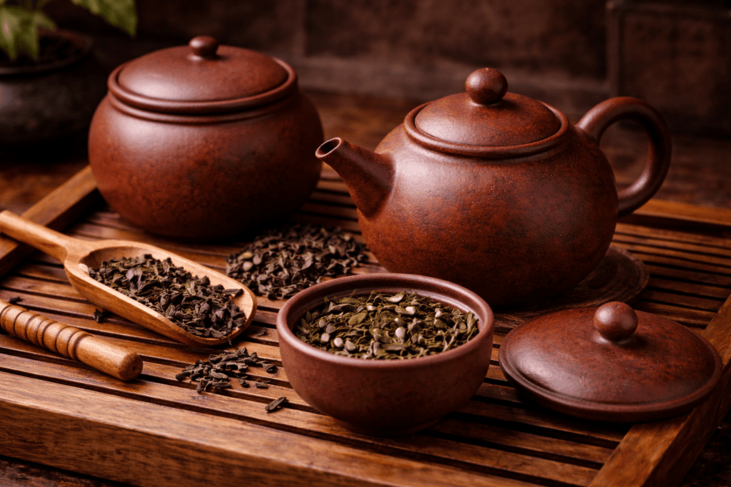 traditional yixing teapot with loose leaf tea on bamboo tea tray