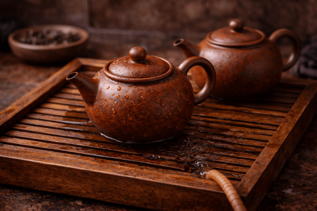 two traditional yixing clay teapots on wooden tea tray after tea brewing