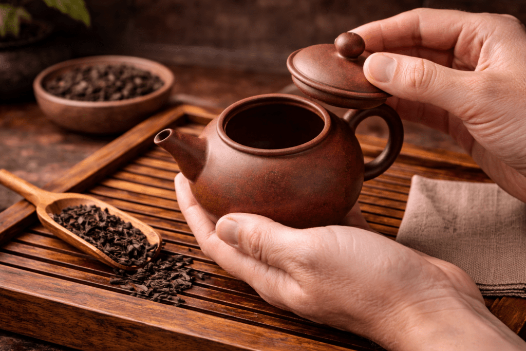 new yixing clay teapot prepared for seasoning on wooden tea tray