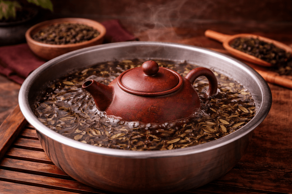 traditional reddish brown yixing clay teapot used for chinese tea brewing