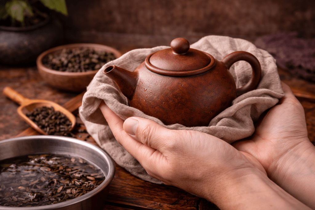 cleaning and rinsing a yixing teapot with hot water before seasoning