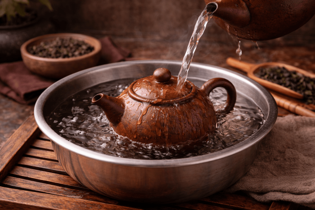 rinsing yixing teapot with boiling water to prepare clay pores