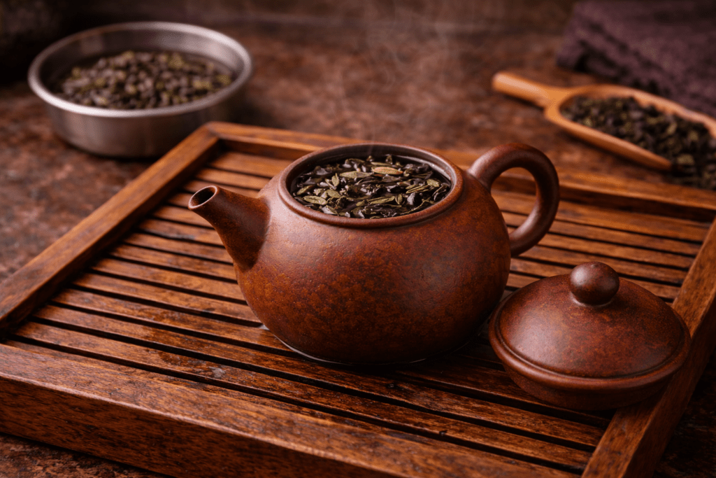 yixing clay teapot resting on tea tray during seasoning process