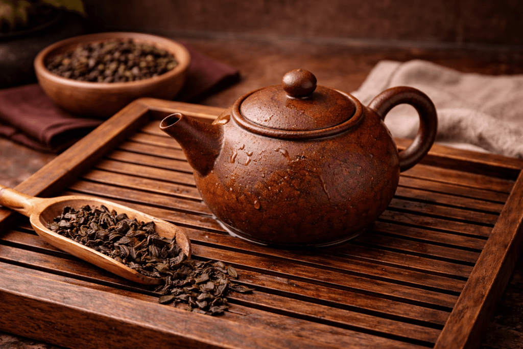 freshly seasoned yixing teapot drying on bamboo tea tray