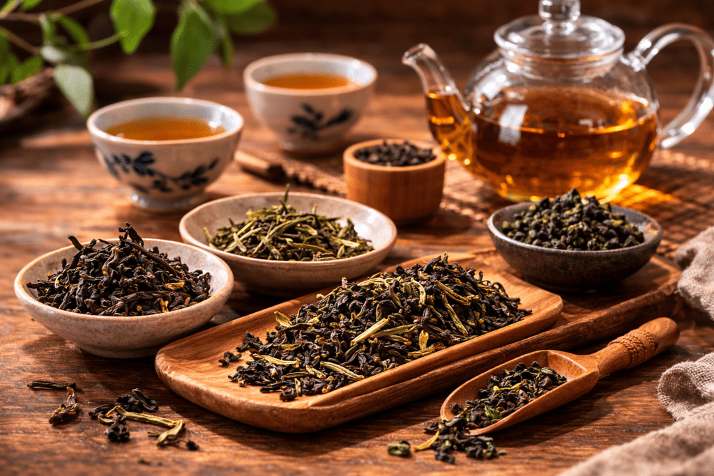 loose leaf tea displayed on wooden tea table before brewing