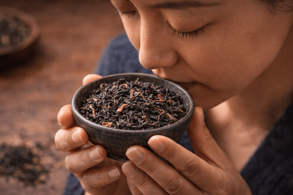 smelling dry loose leaf tea to evaluate aroma quality