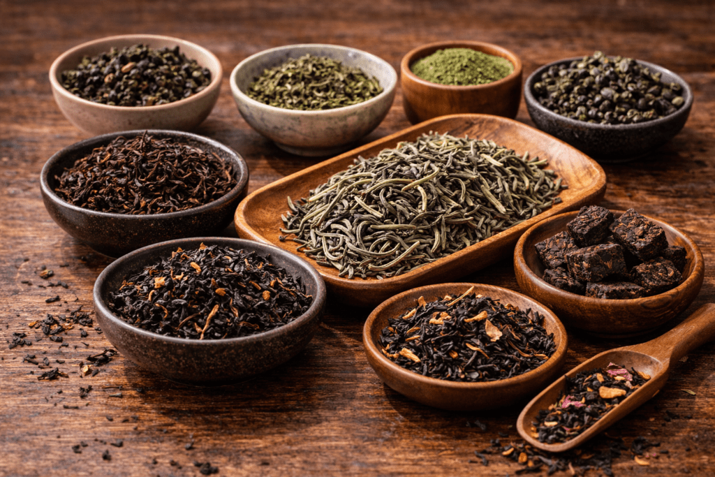 different types of premium loose leaf tea arranged on table