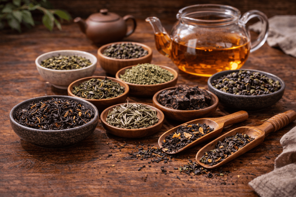 premium loose leaf tea displayed on wooden tea table