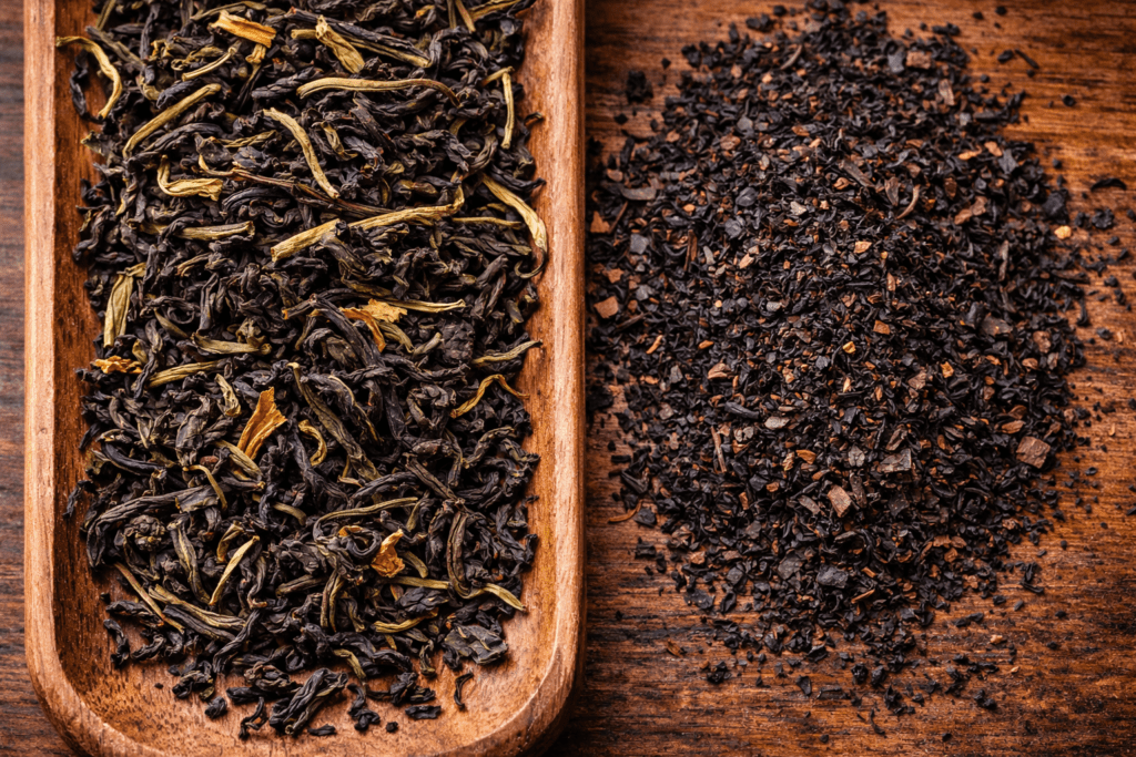 whole loose leaf tea compared to broken tea fragments