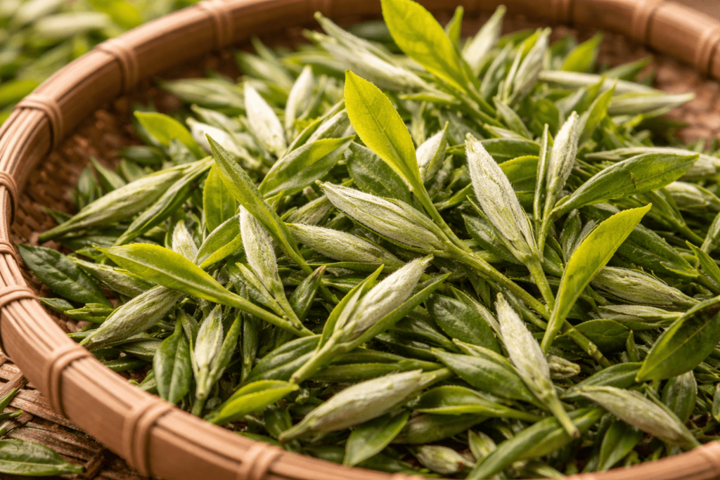 fresh tea buds and young leaves harvested for high quality tea
