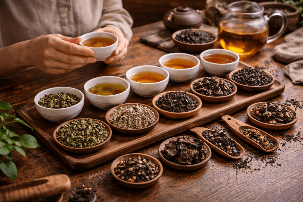 tea tasting session comparing different types of tea