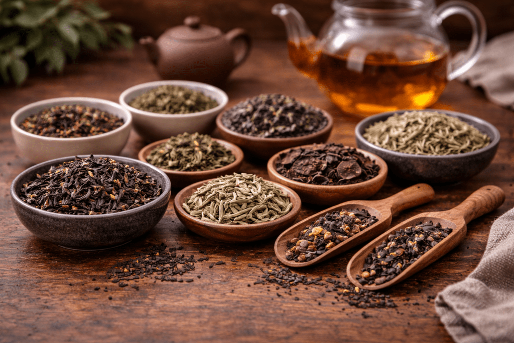 selection of premium loose leaf teas ready for brewing