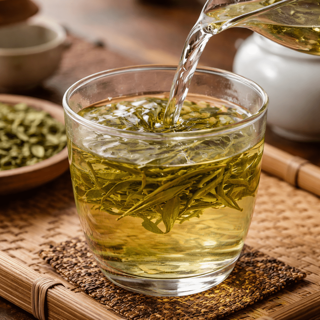 brewing longjing tea in clear glass cup traditional style
