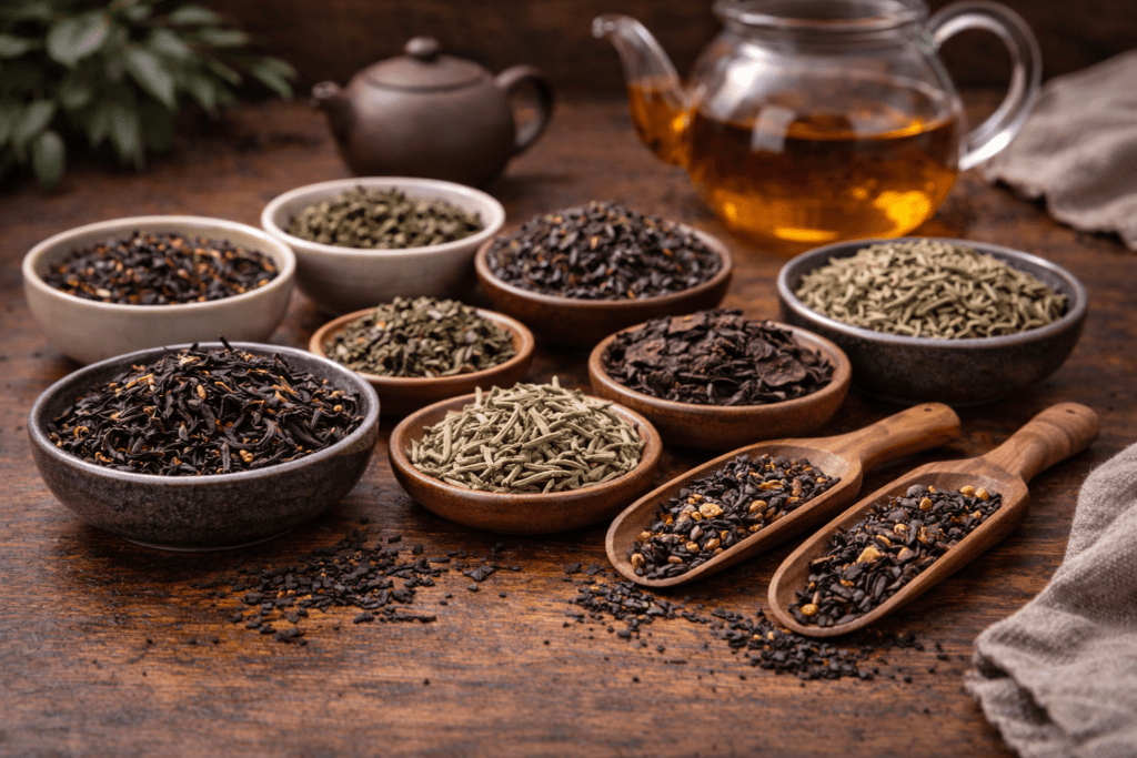 loose leaf tea displayed on wooden tea table before brewing